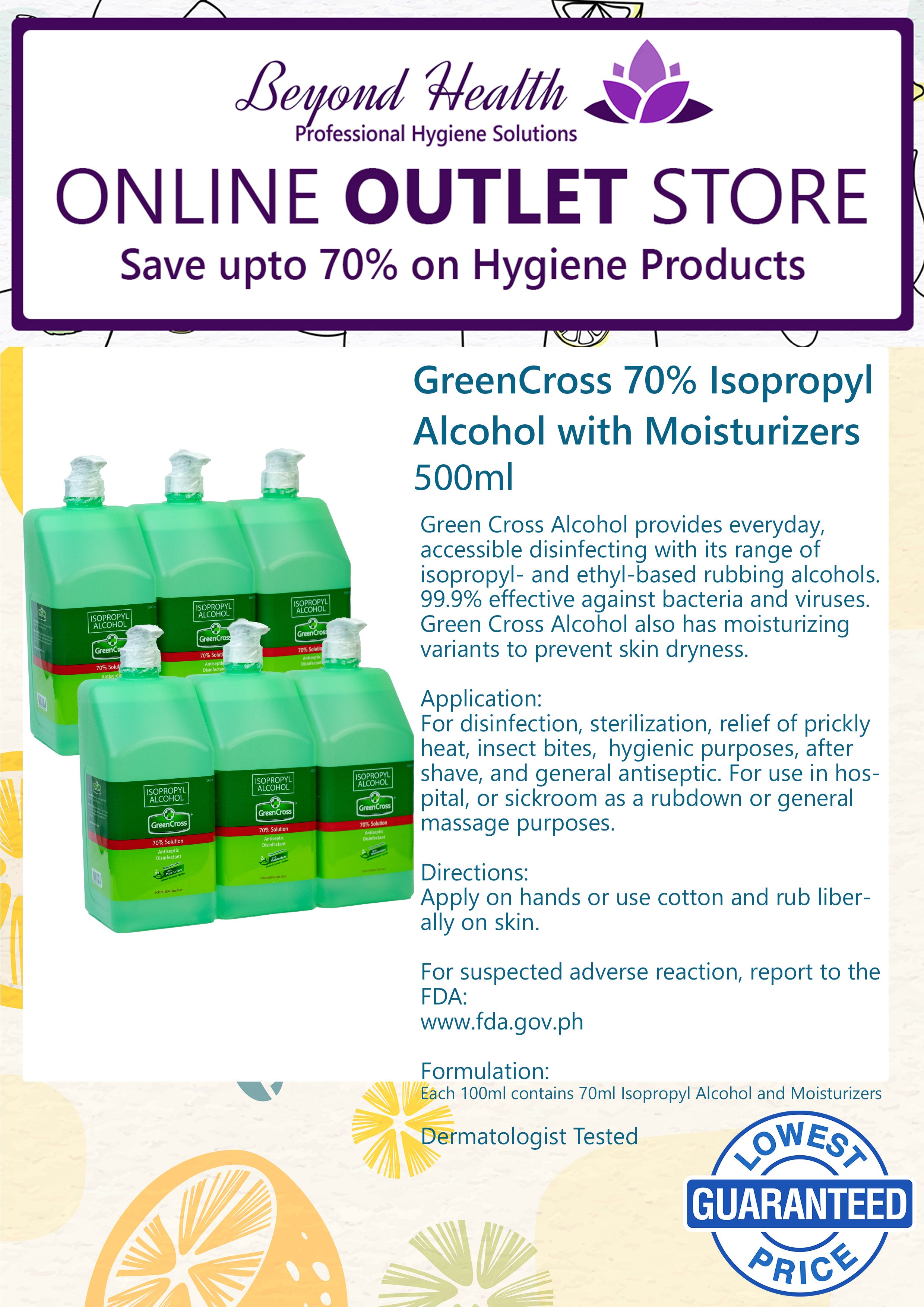 Wholesale GreenCross 70% Isopropyl Alcohol with Moisturizers [500ml x 6s] Green Cross Alcohol Bigger Saving