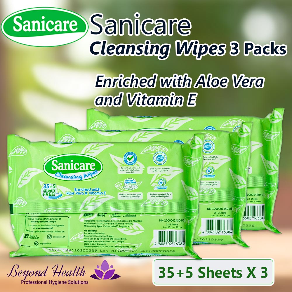 Sanicare Cleansing Wipes Enriched with Aloe Vera and Vitamin E 35+5 Sheets 3Packs
