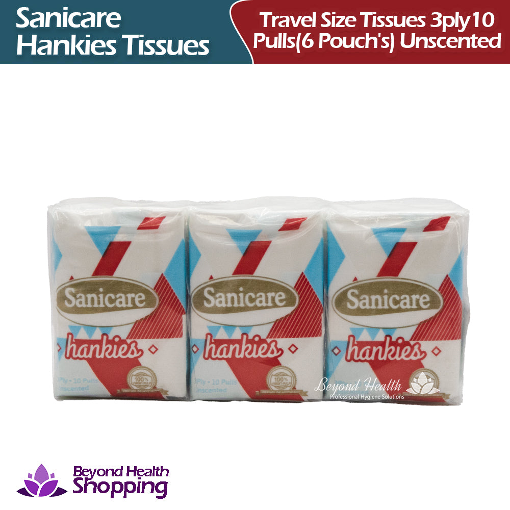 Sanicare Hankies Travel Size Tissues [3ply-10Pullsx(6 Pouch's)]Unscented