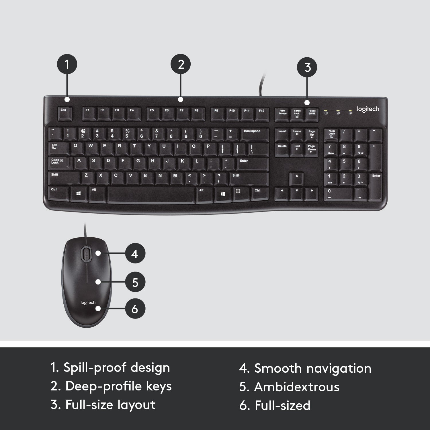 Logitech MK120 Wired Keyboard and Mouse for Windows, Optical Wired Mouse, USB Plug-and-Play, Full-Size, PC/Laptop, Black