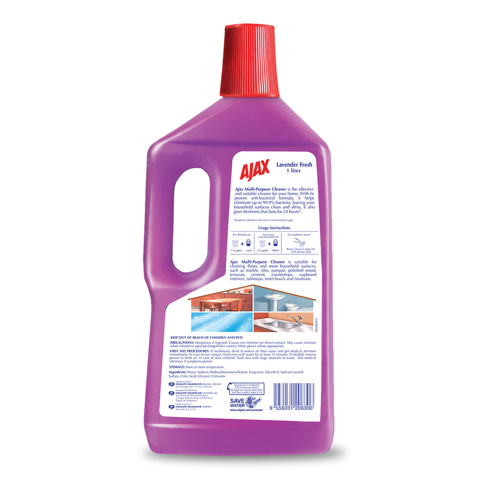 [Eliminates 99.9% Bacteria] Ajax Antibacterial Multipurpose Cleaner Lavender Fresh 1L, Pack of 3