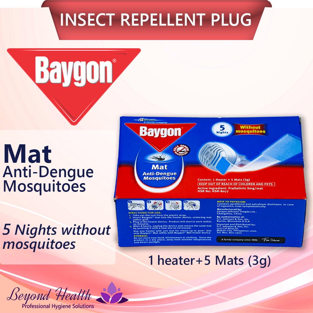 Baygon Mat Anti-Dengue Mosquitoes [1x Heater+5x mats(3g)] 5 Nights Without Mosquitoes