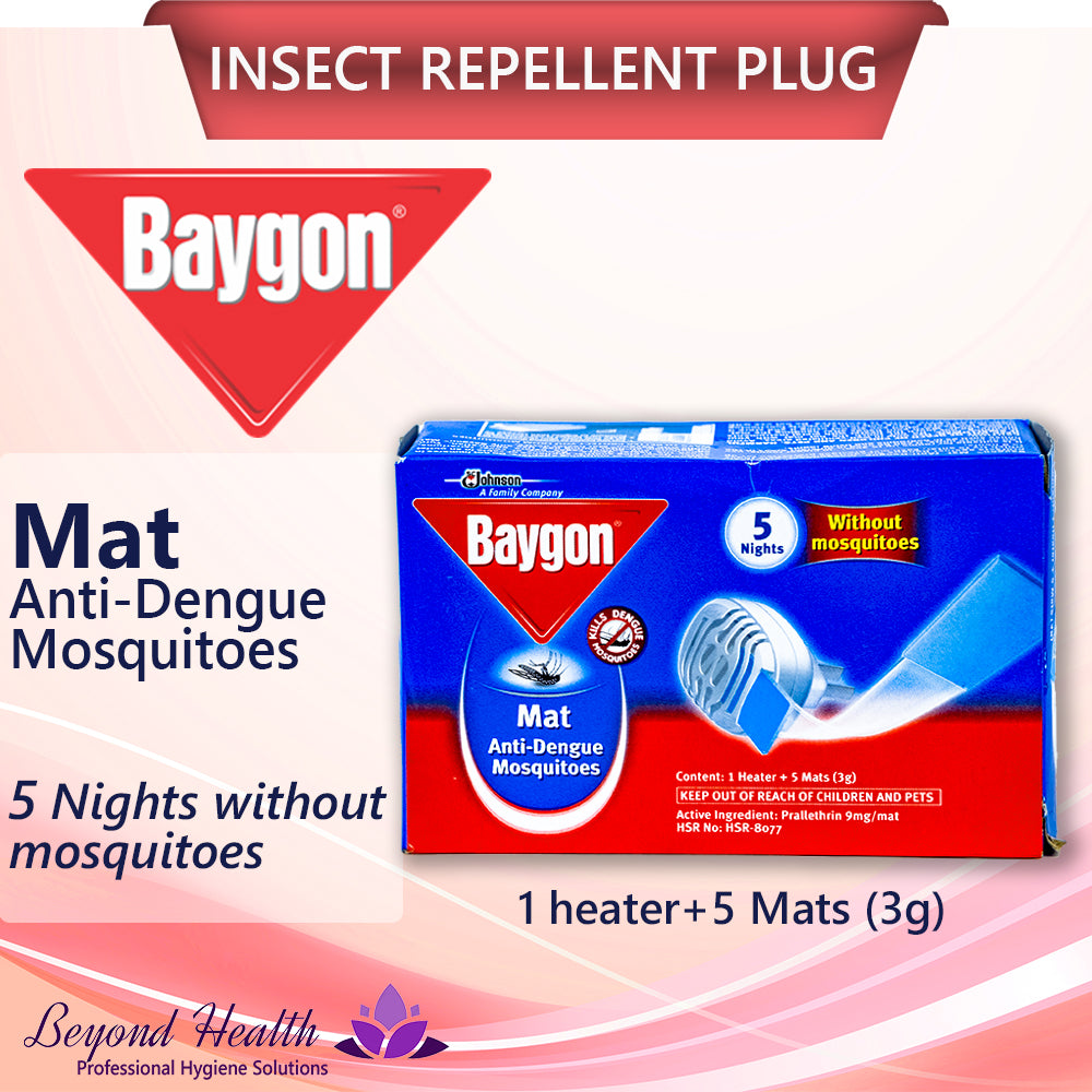 Baygon Mat Anti-Dengue Mosquitoes [1x Heater+5x mats(3g)] 5 Nights Without Mosquitoes