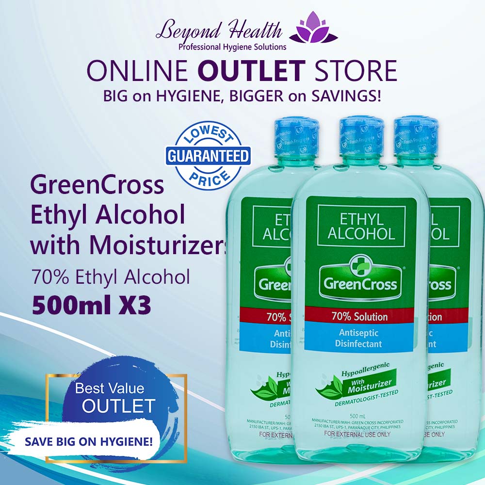 [3X Pack] GreenCross 70% Ethyl Alcohol with Moisturizers [500ML] Green Cross BIG Greencross BIG Size Green Cross Alcohol