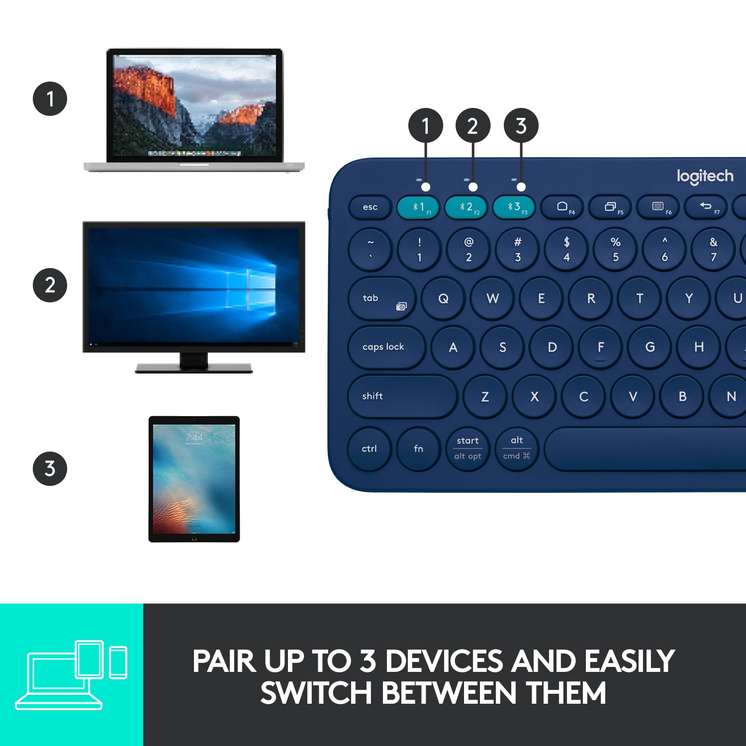 Logitech K380 Wireless Multi-Device Keyboard for Windows, Apple iOS, Apple TV android or Chrome, Bluetooth, Compact Space-Saving Design, PC/Mac/Laptop/Smartphone/Tablet