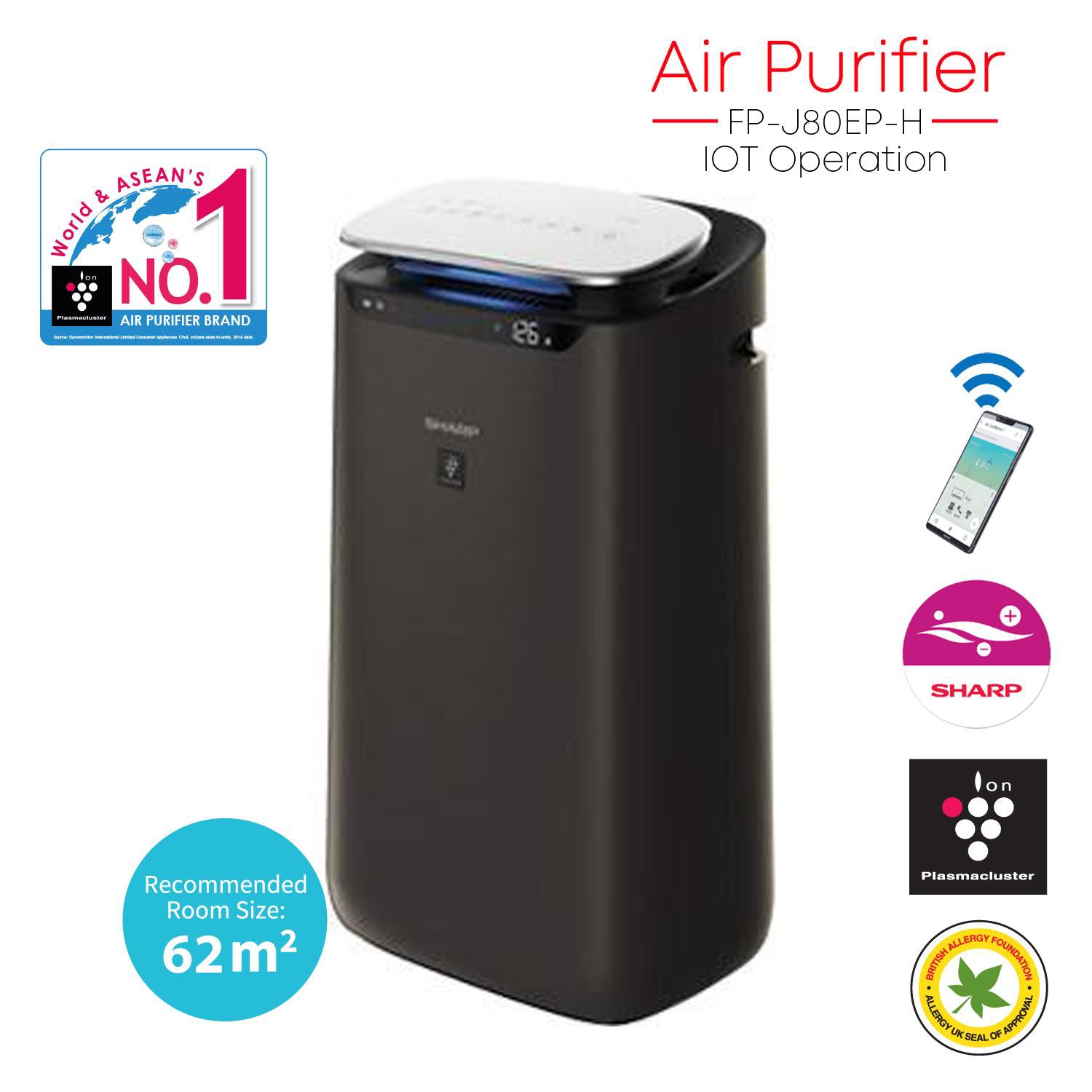 Sharp FP-J80EP-H Air Plasmacluster Intelligent Air Purifier with (WIFI) AioT function