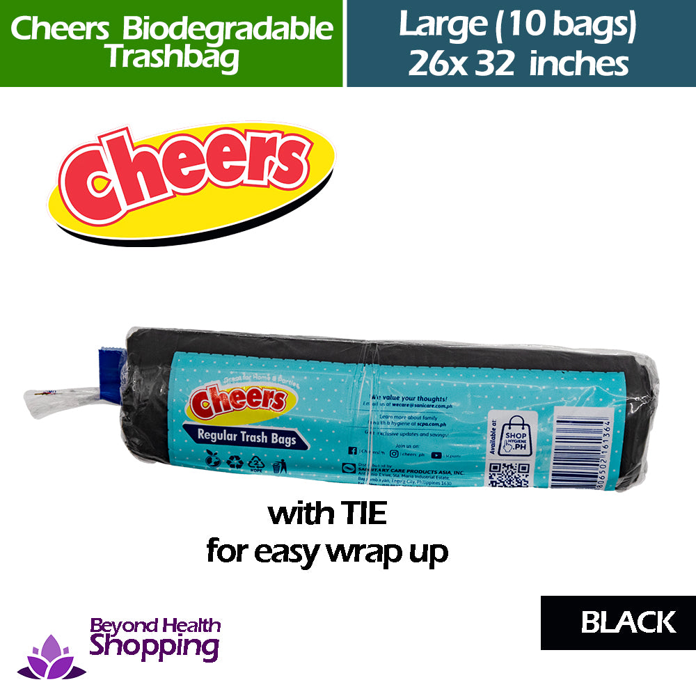Cheers Biodegradable Trash bag[Black] w/ Tie For easy Wrap Up Large (10bags) 26x32 inches