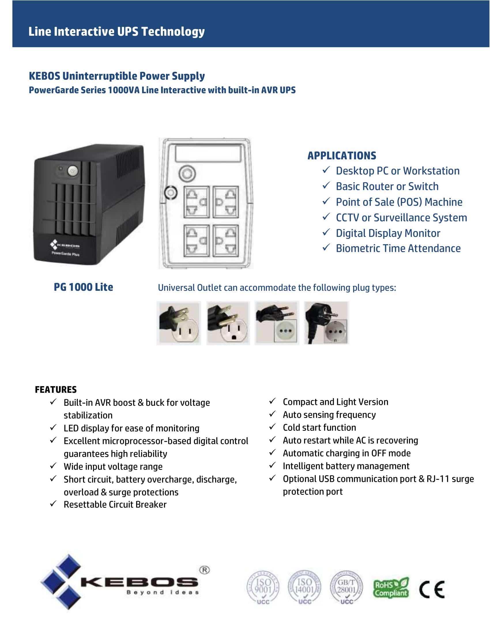 Kebos PG 1000 lite PowerGarde Series 1000VA/600watts Line Interactive with built-in AVR UPS