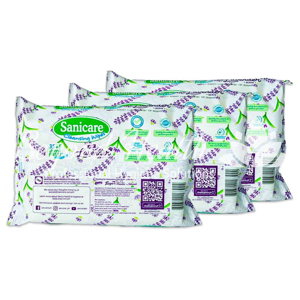 Sanicare Cleansing Wipes Lavender Scent 35+5 Sheets 3Packs