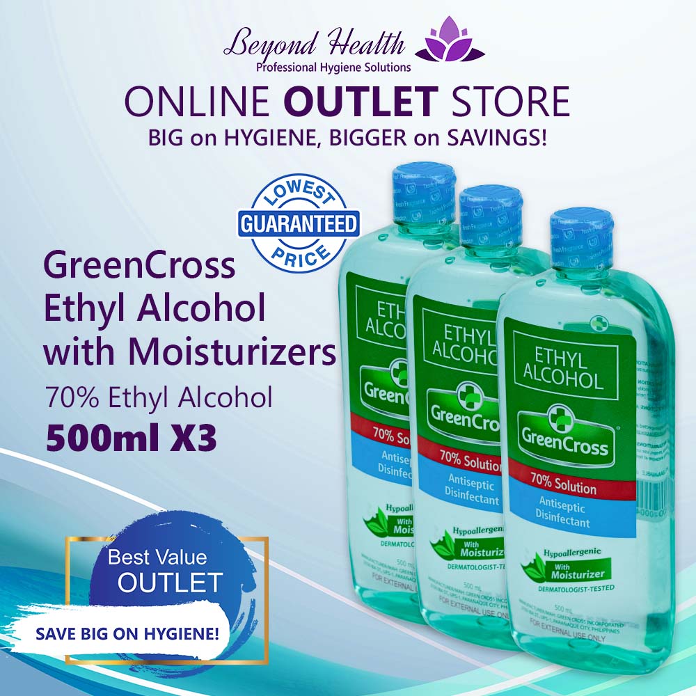 [3X Pack] GreenCross 70% Ethyl Alcohol with Moisturizers [500ML] Green Cross BIG Greencross BIG Size Green Cross Alcohol