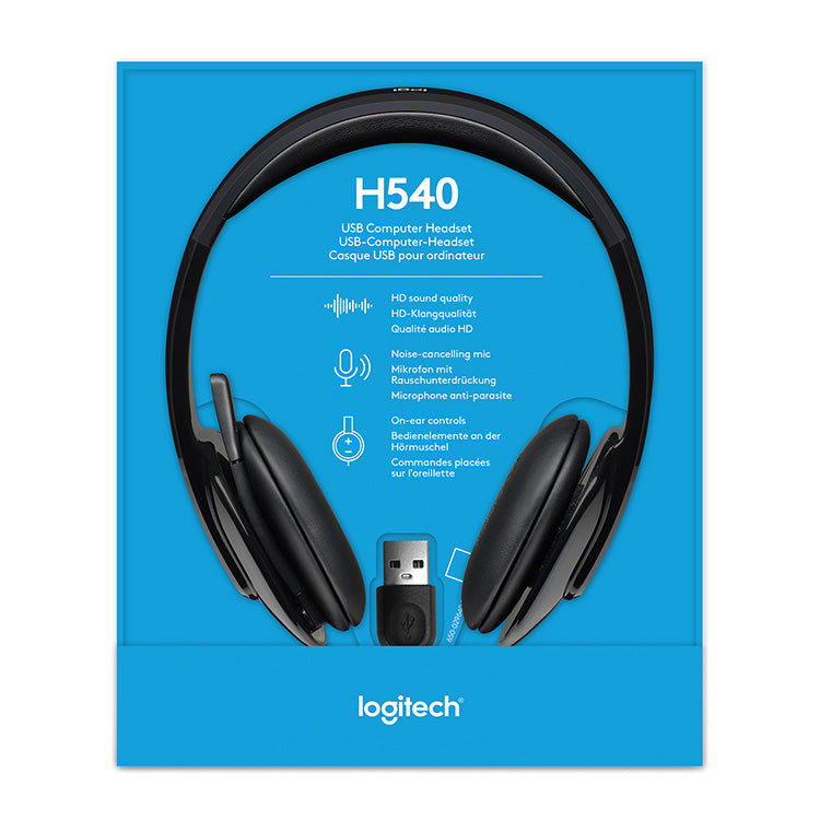 Logitech H540 Wired Headset, Stereo Headphone with Noise-Cancelling Microphone, USB, On-Ear Controls, Mute Indicator Light, PC/Mac/Laptop - Black