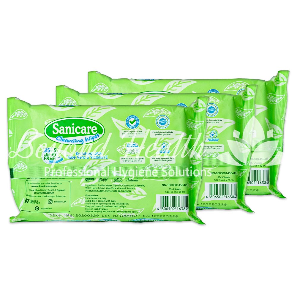 Sanicare Cleansing Wipes Enriched with Aloe Vera and Vitamin E 35+5 Sheets 3Packs