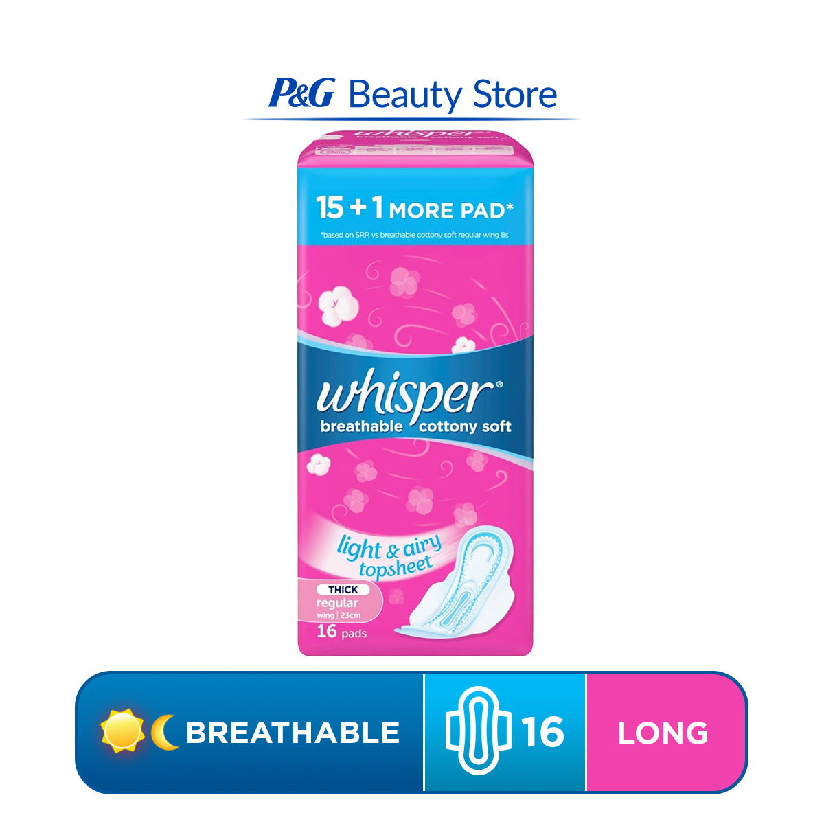 Whisper Cottony Soft Sanitary Napkin with Wings (16 pads) [All Day] [Heavy Flow] [Long]