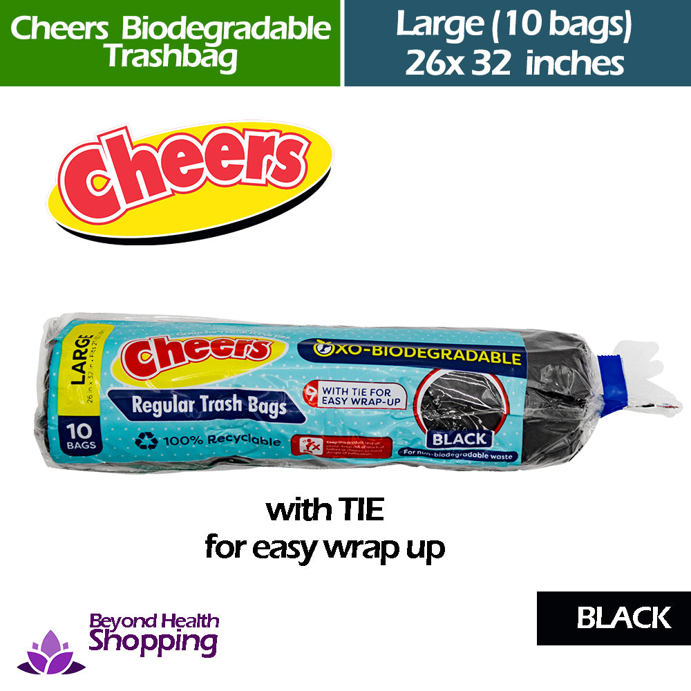 Cheers Biodegradable Trash bag[Black] w/ Tie For easy Wrap Up Large (10bags) 26x32 inches
