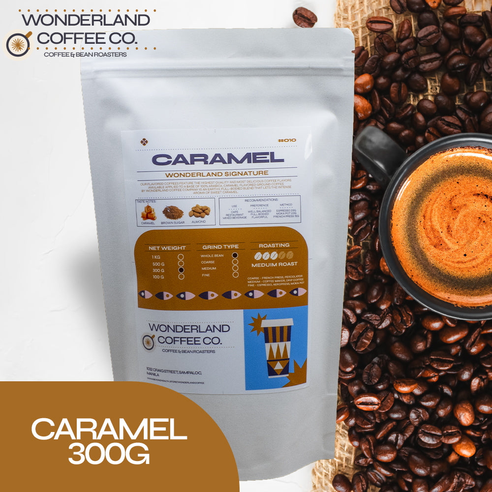 CARAMEL Flavored Wonderland Signature 100% Arabica Coffee "Caramel Craze: Premium Flavored Coffee Beans with Rich and Sweet Caramel Flavor - Perfect for Making Caramel Macchiato and Other Gourmet Coffee Drinks at Home, Lazada PH Bestseller"