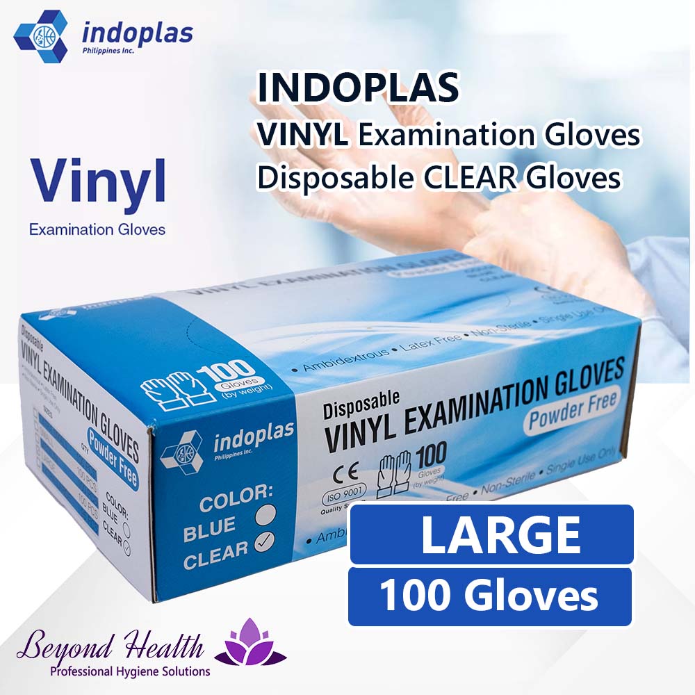 Indoplas Vinyl Examination Gloves Disposable Clear Gloves Large 100pcs