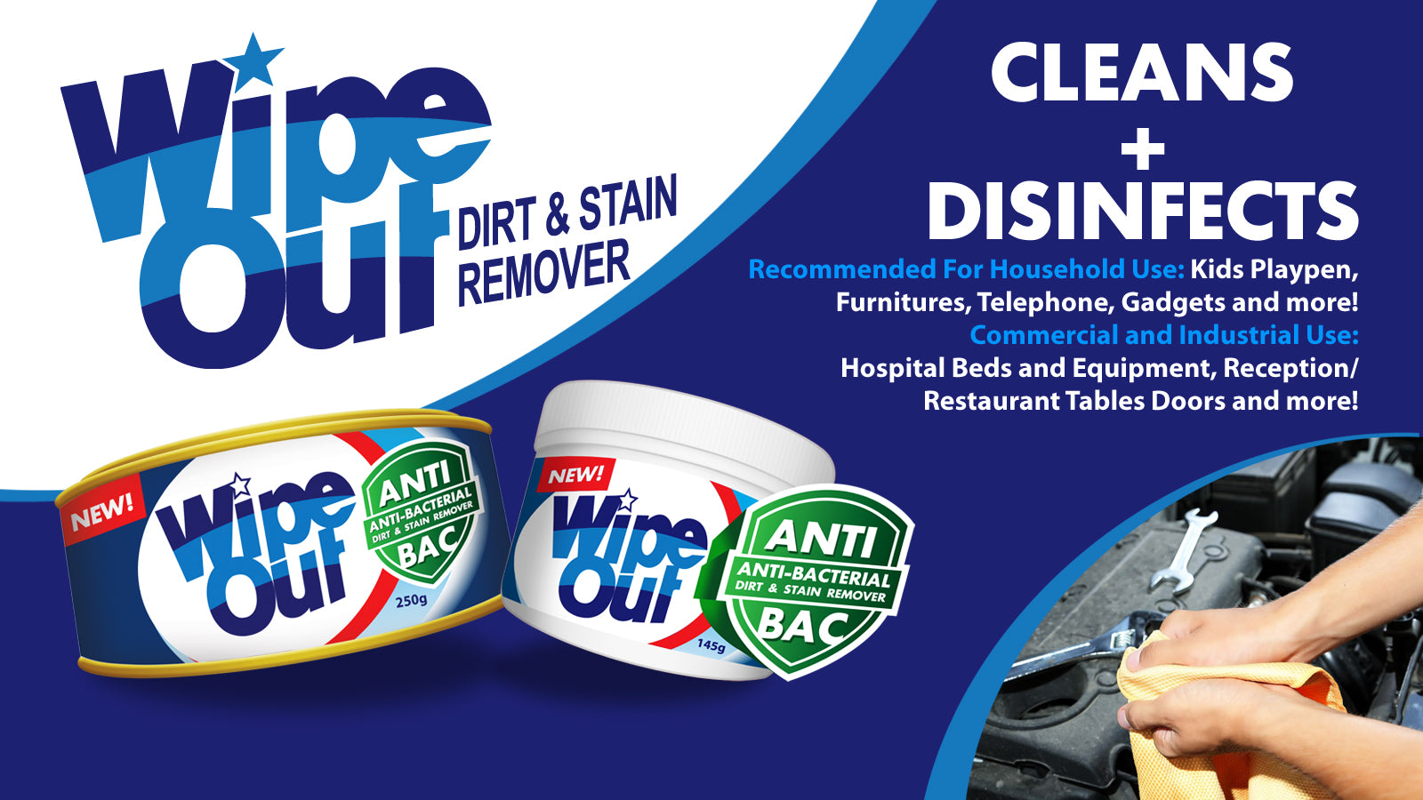 New Wipeout Wipe out Dirt and Stain Remover Anti Bacteria Antibac 145 grams