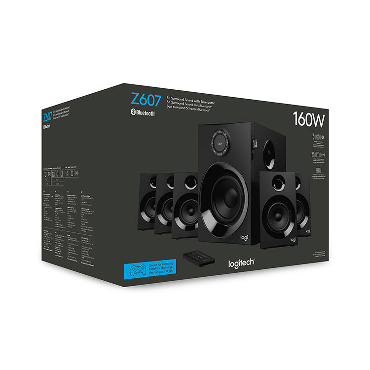 Logitech Z607 Wireless Bluetooth 5.1 Speaker System, EU PLUG, Surround Sound, 160 Watts Peak Power, Booming Bass, 3.5mm Audio & RCA Inputs, USB, SD-Card, PC/TV/Smartphone/Tablet/Music Player, Black