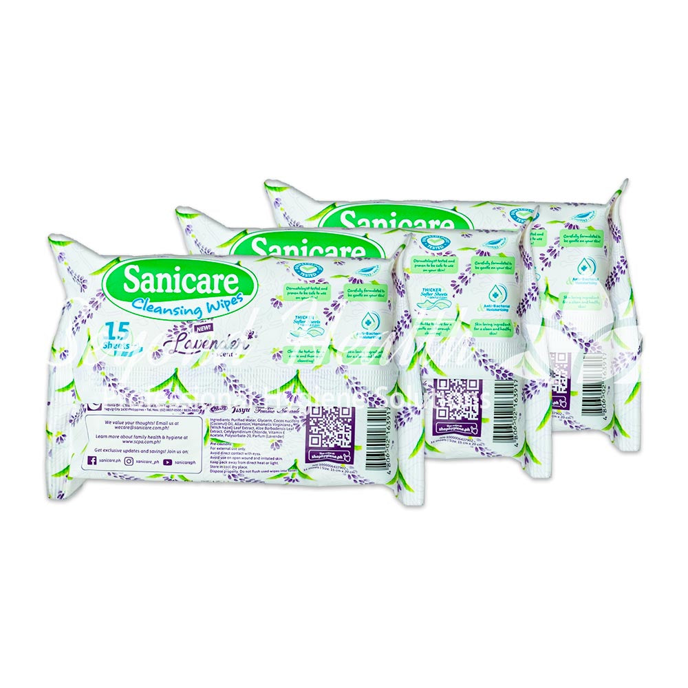 Sanicare Cleansing Wipes Lavender Scent 15 Sheets 3Packs