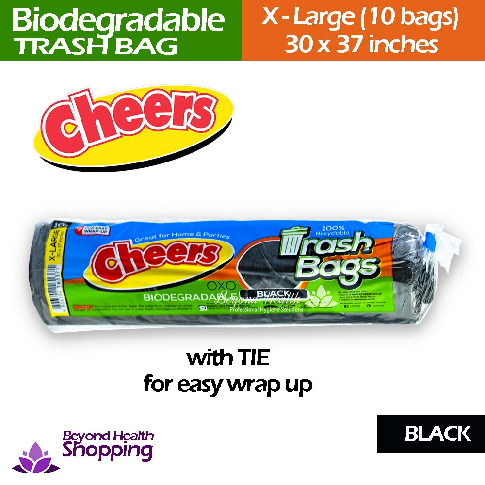 Cheers Biodegradable Trash bag[Black] w/ Tie For easy wrap up X-Large (10bags) 30x37inches