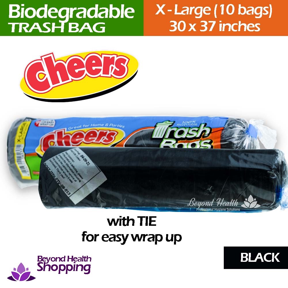 Cheers Biodegradable Trash bag[Black] w/ Tie For easy wrap up X-Large (10bags) 30x37inches