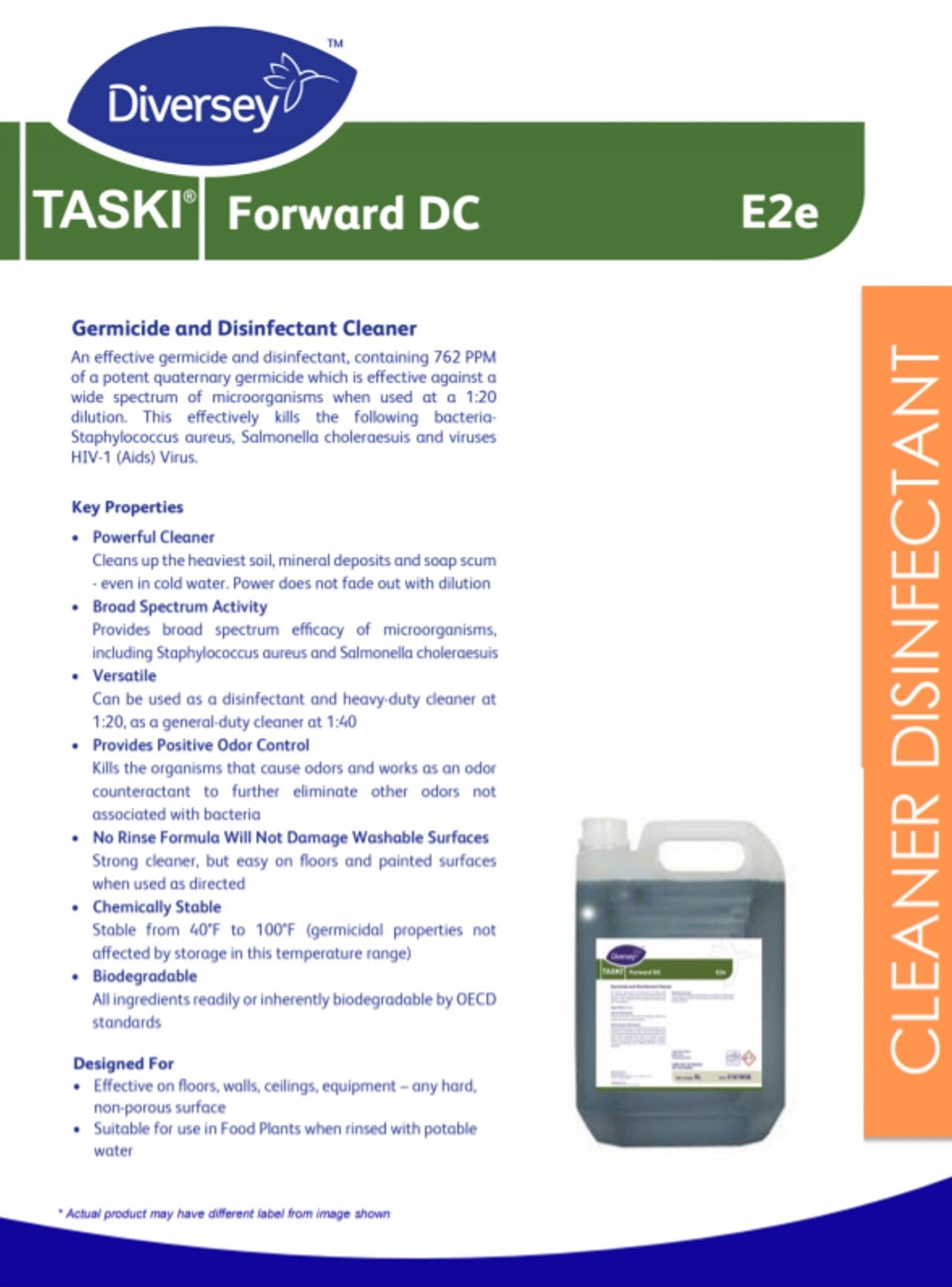 Diversey™ TASKI® Forward DC (5L) E2e Germicide & Disinfectant Cleaner For Professional Use