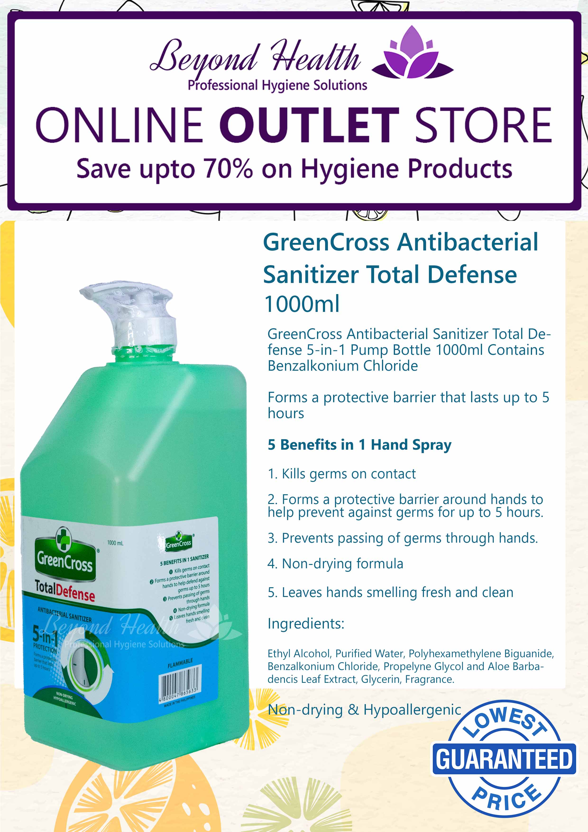 Wholesale GreenCross TOTAL DEFENSE AntiBacterial Sanitizer [1000ml x 6s] 70% Ethyl Alcohol with 5-in-1 Antibacterial Formulation  Green Cross Alcohol