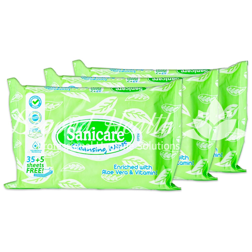 Sanicare Cleansing Wipes Enriched with Aloe Vera and Vitamin E 35+5 Sheets 3Packs