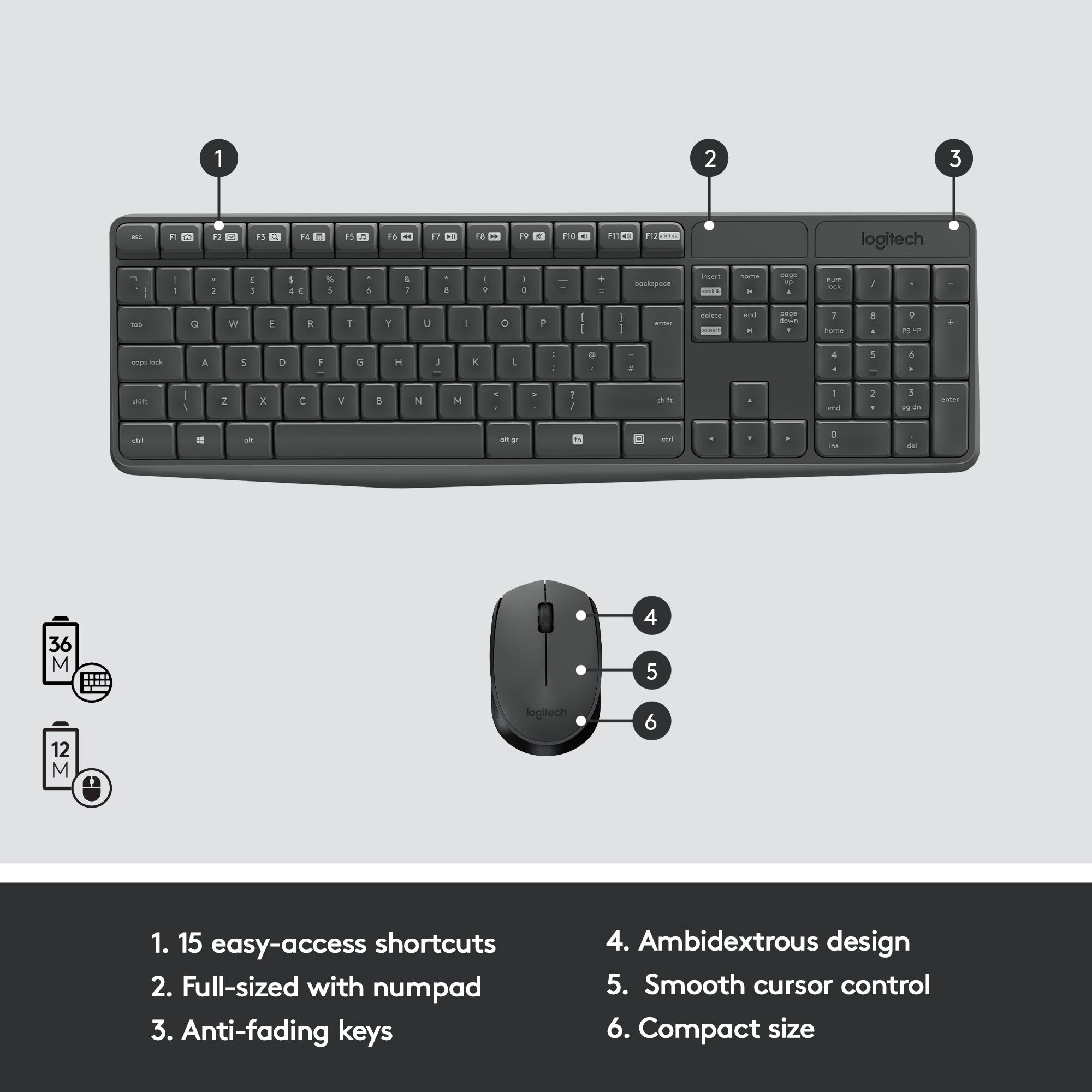 Logitech MK235 Wireless Keyboard and Mouse Combo for Windows, 2.4 GHz Wireless, 15 FN Keys, Long Battery Life, Compatible with PC, Laptop - Black